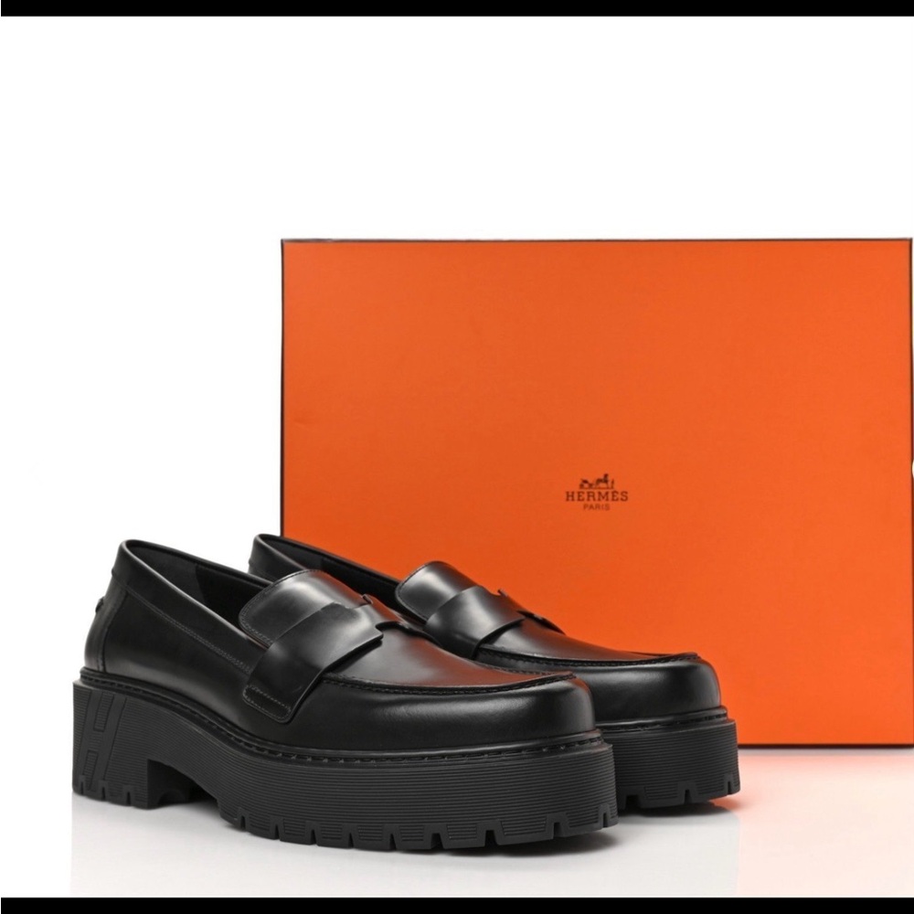 Hermes Black Leather Flats with Chunky Platform
